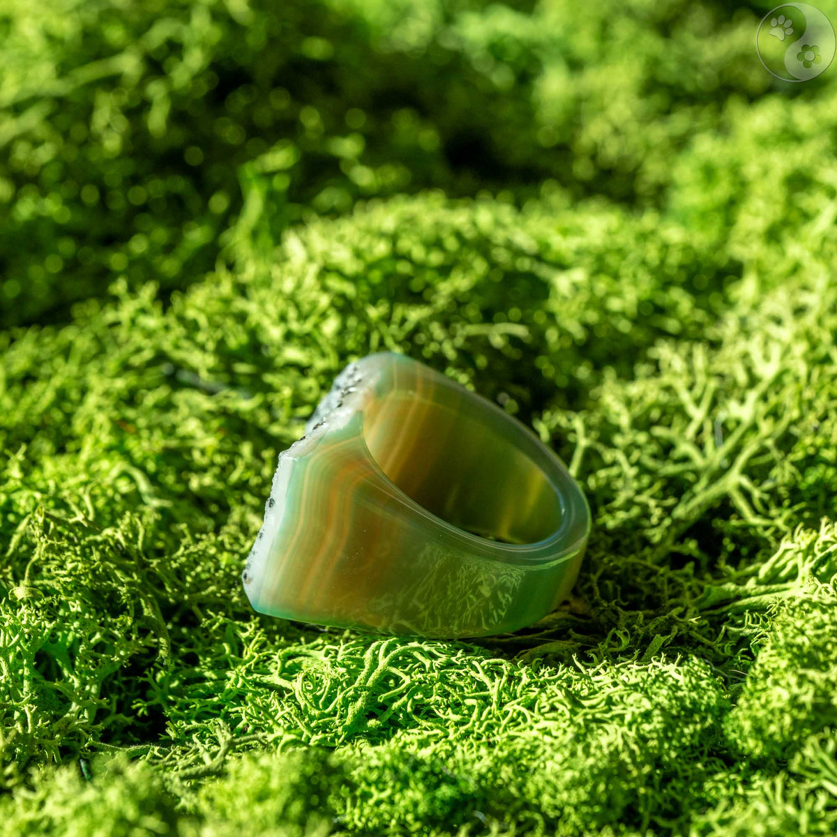 Stein-Ring mit weißem Top auf Moosbett, Heilstein-Schmuck, alternative Methoden