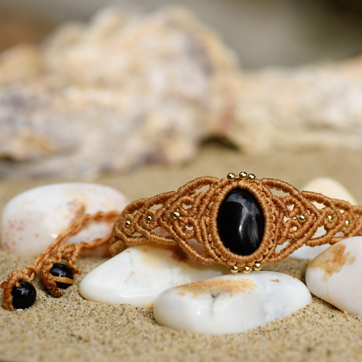 Armband geknüpft, Makramee, Heilstein, schwarzer Achat, verstellbar, alternative Methoden, Steinschmuck