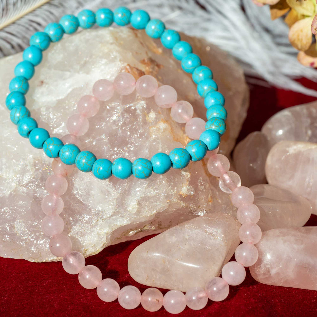 Armband - Kombination, Heilsteine, Steinschmuck, Rosenquarz, Türkis, Perlen, alternative Methoden