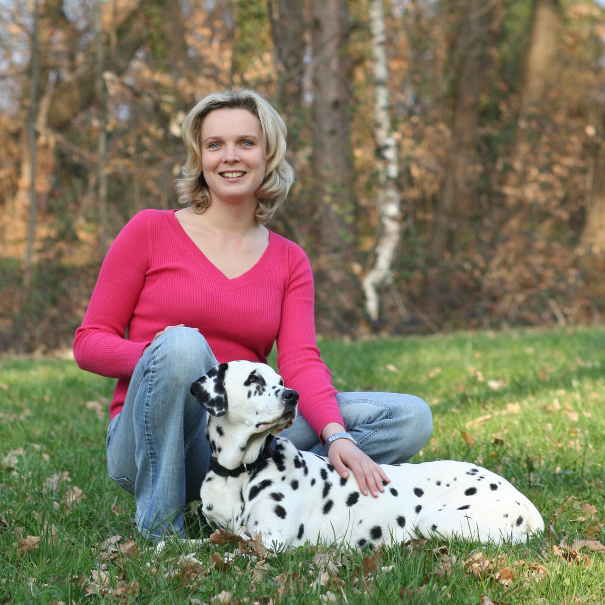 Frau hockt neben einem Dalmatiner Hund, der entspannt am Boden liegt