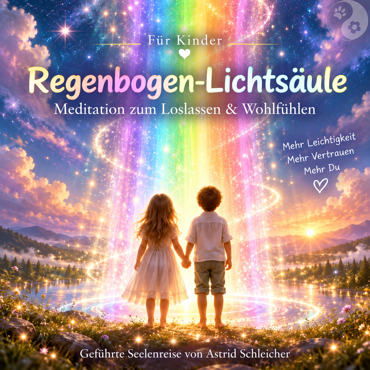 KI Bild, Mädchen und Bub von hinten, halten einander an der Hand, stehen im Licht eines Regenbogens