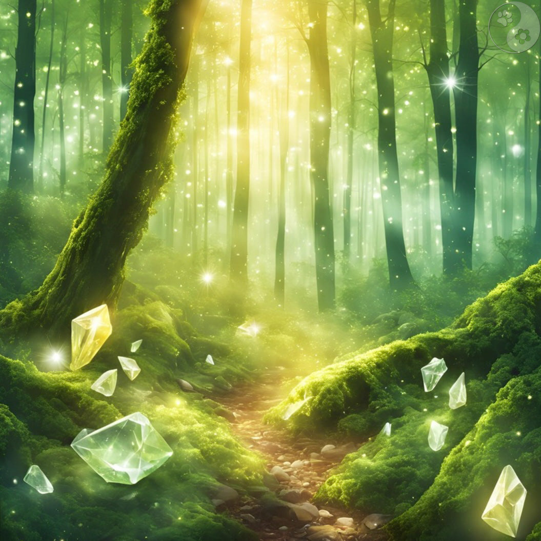 KI Bild Weg in grünem Wald mit Kristallen, schüchterne introvertierte Kinder, fehlendes Selbstvertrauen, alternative Methoden