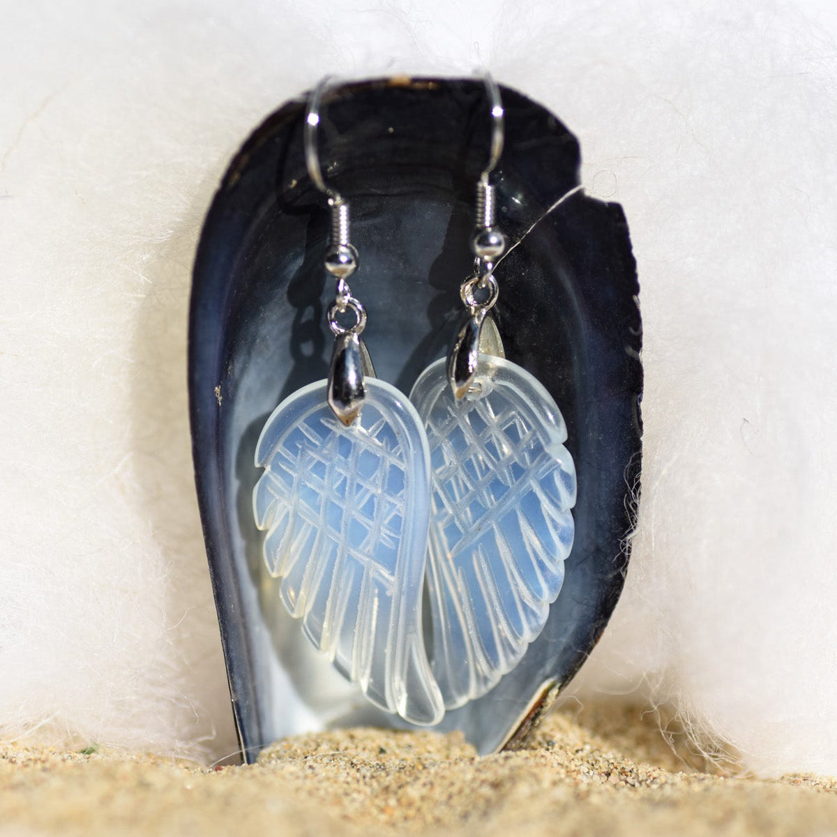 Ohrringe, Haken, Heilstein in Form von Engelsflügeln, Opalith, alternative Methoden, Steinschmuck