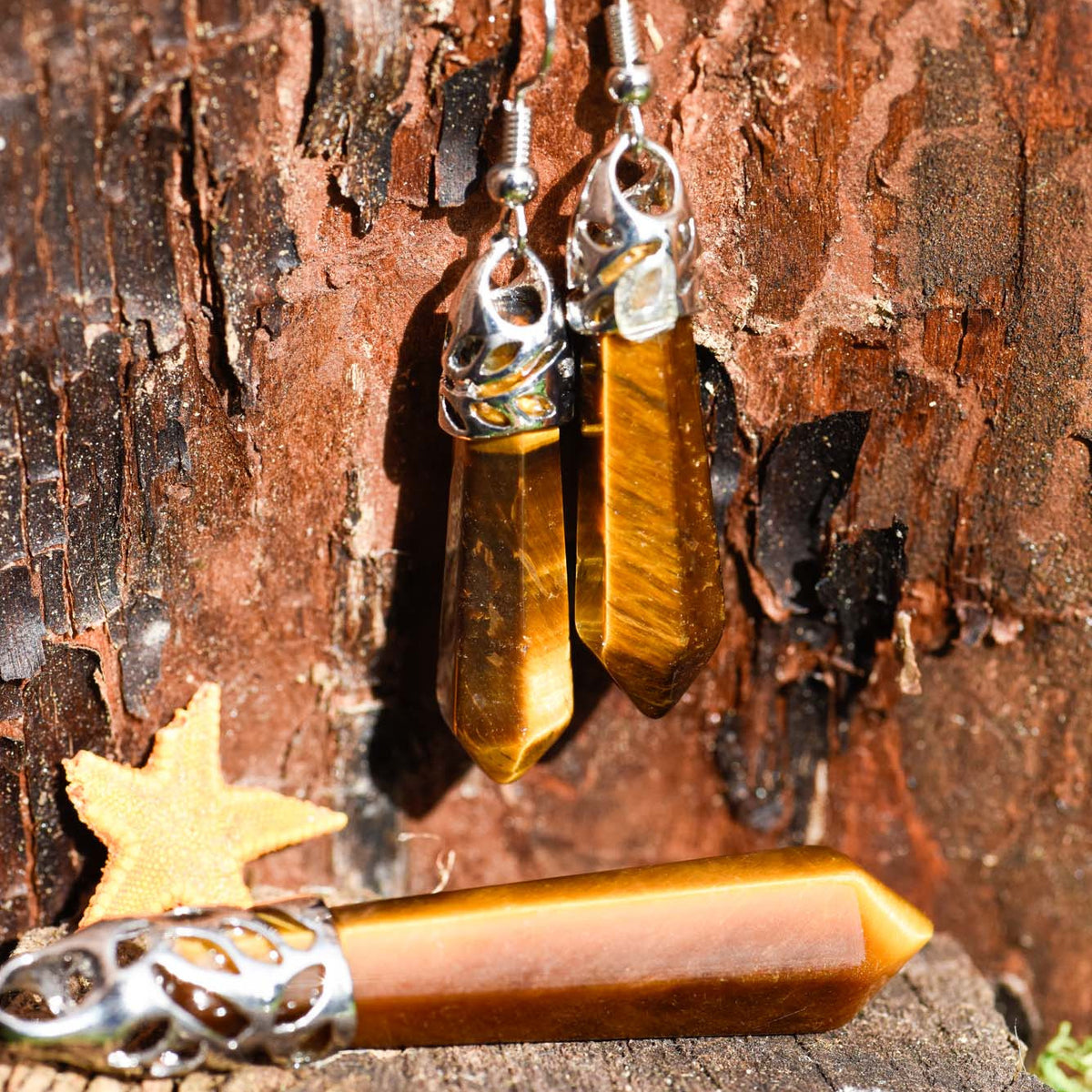Anhänger, Ohrringe mit Haken, Metallfassung, Heilstein in Kristallform, Tigerauge, alternative Methoden, Steinschmuck