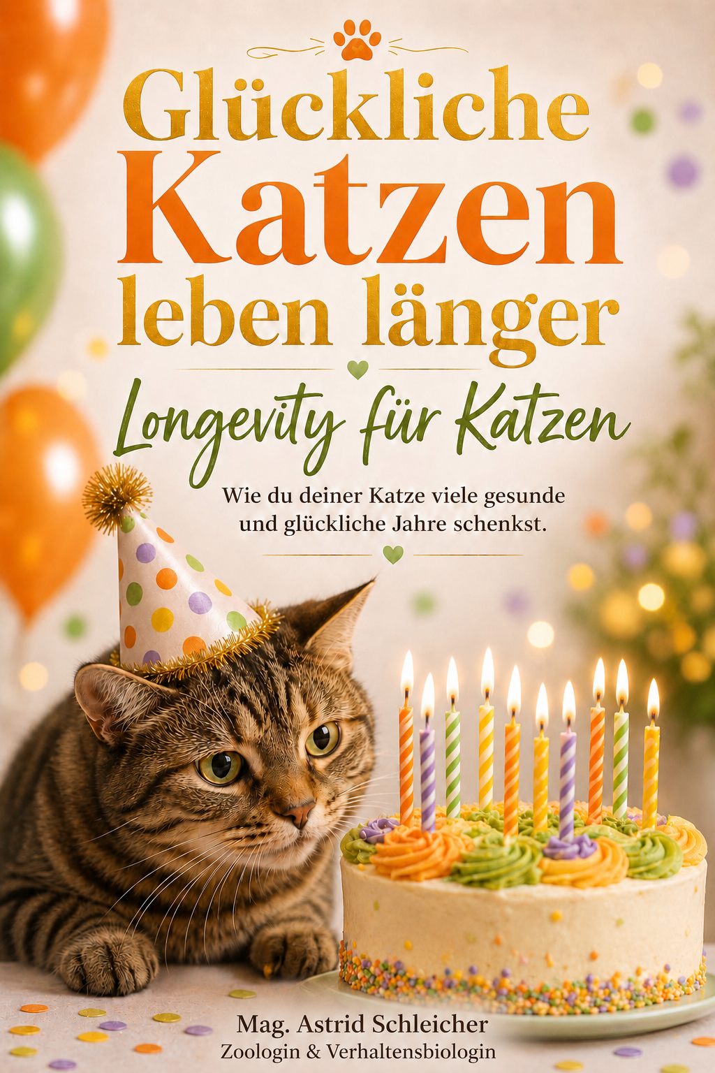 Titelseite, Katze mit einem Partyhütchen vor einer Torte mit brennenden Kerzen